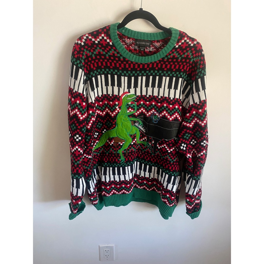 Blizzard Bay Mens XXL Piano T-Rex Ugly Christmas Sweater Red Green Fair Isle